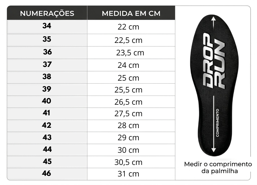 Tabela de tamanhos do tênis